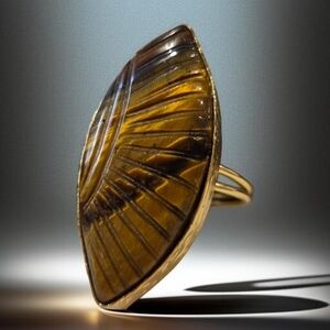 18k Gold Plated Massive Artisan Carved Tigers Eye Statement Ring